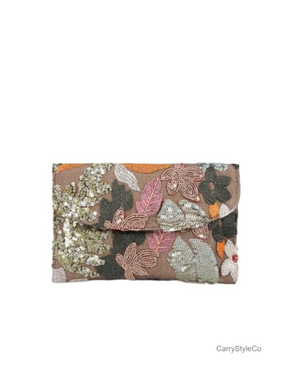 Floral Embroidered Sequin Clutch Evening Bag Satin Lined Snap